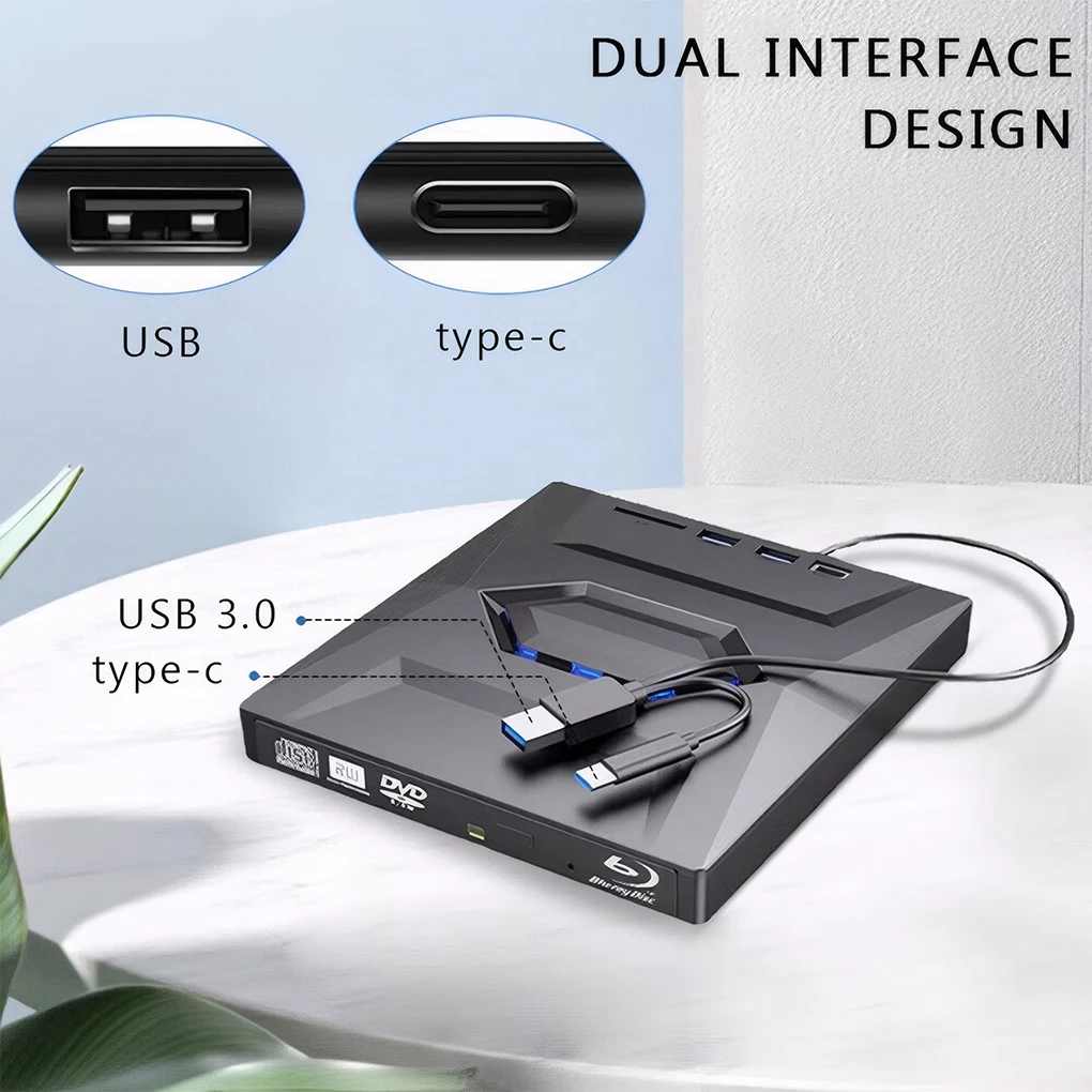 محرك أقراص DVD خارجي USB 3.0 من النوع C مع قارئ بطاقات USB HUB Type-C SD 7 في 1 CD DVD RW ROM مشغل أقراص قارئ الموقد الكاتب