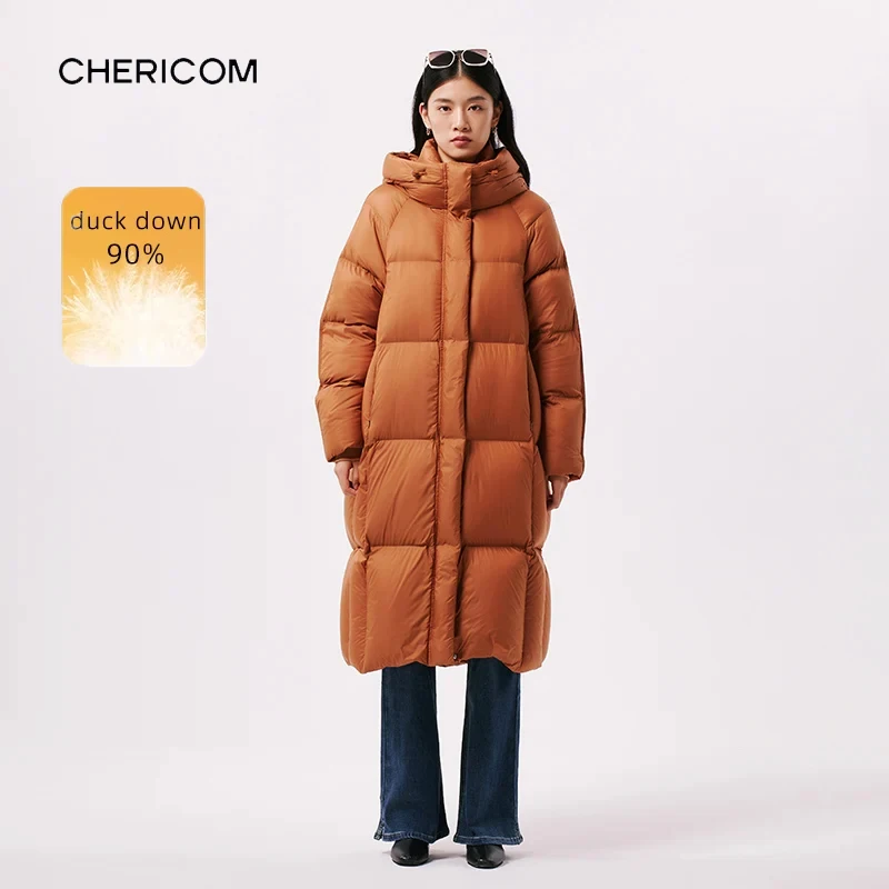 Chericom Knielange Donsjack Winter Capuchon Gewatteerd Blokontwerp Warme Lange Mouwen Dikke Losse Casual Vrouwelijke Jas Y299126Y