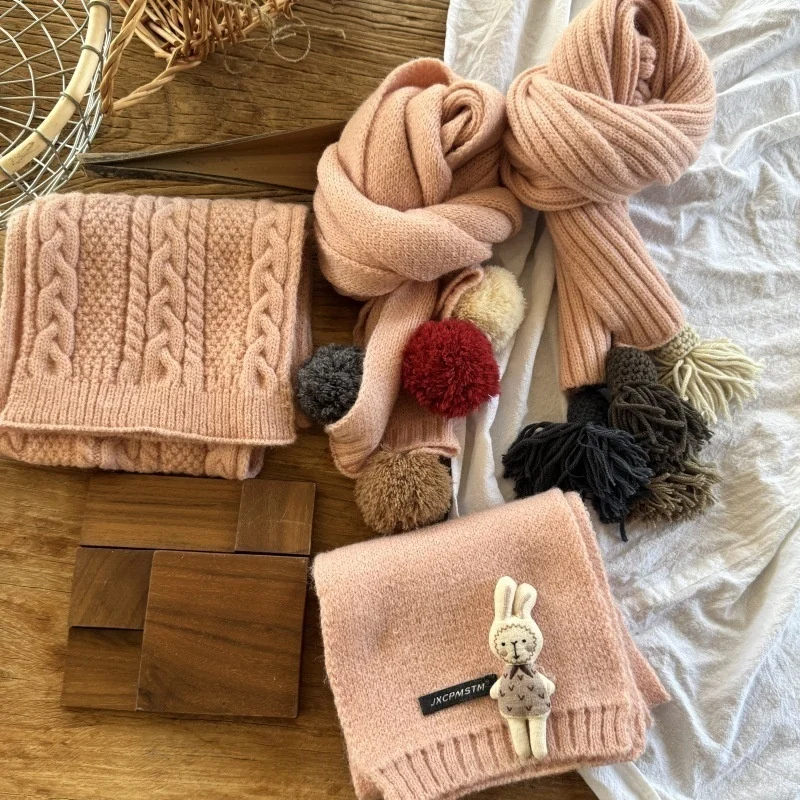 

2025 New Arrival Child Neck Warmer Kids Girls Light Pink Cartoon Scarf Winter Warm Soft Knit Cozy Neckwear Kids Accessory