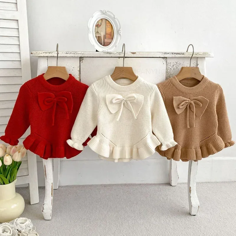 Spring Autumn Children Sweater Versatile Lotus Leaf Skirt Long Sleeved Bow Girls Sweaters Winter Korean Newborn Baby Knitted Top