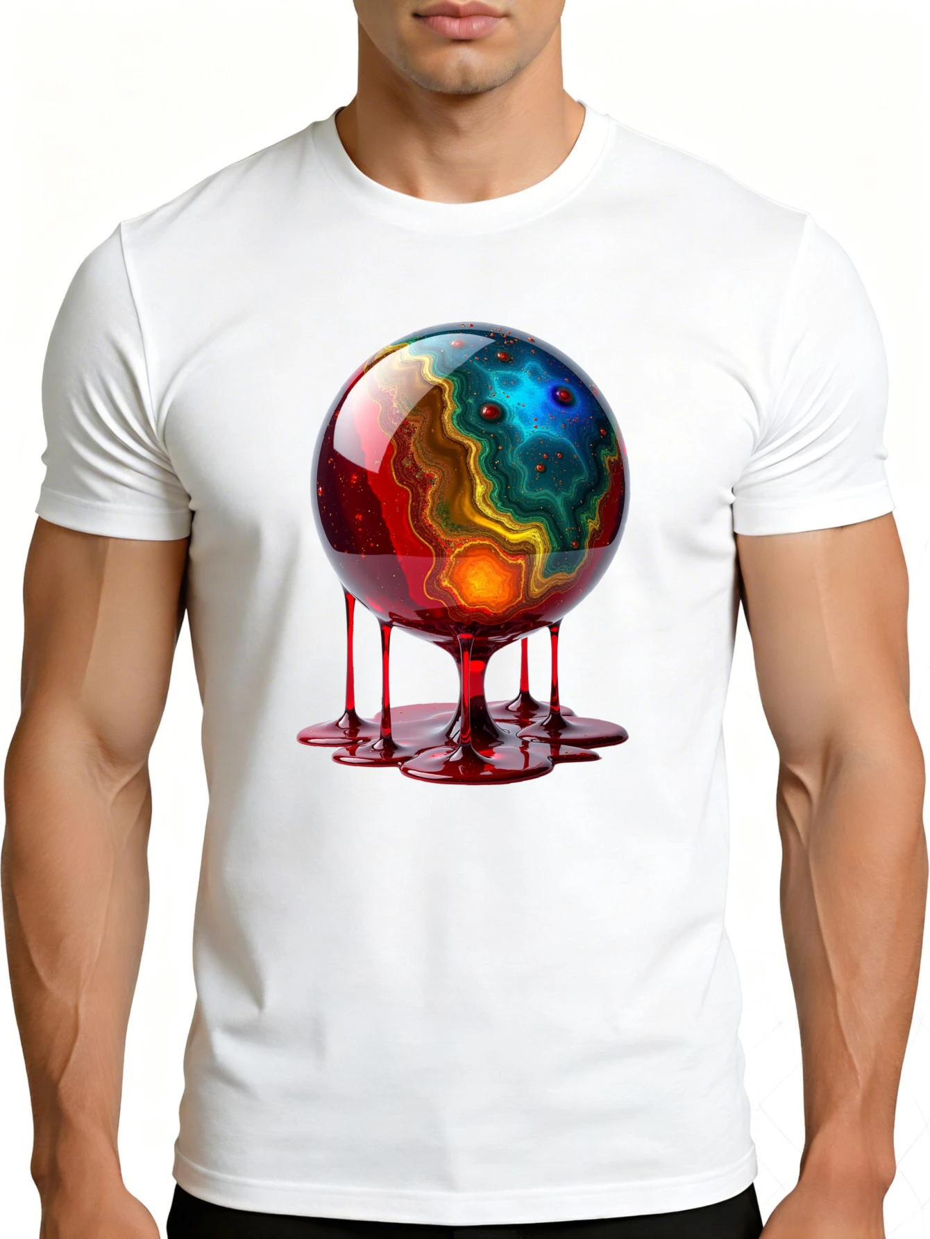 Men's Graphic T-Shirt - Breathable, Soft, Lightweight - Colorful Earth Dripping Red Liquid - Vintage Fun Pattern Casual Short Sleeve Summer Top, Gift for Him