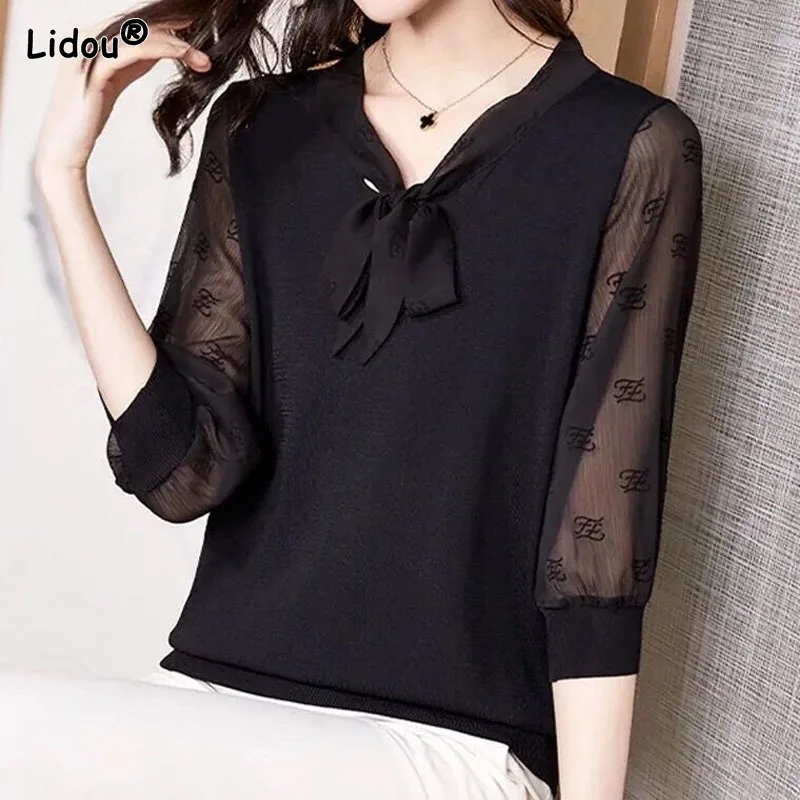 

Lace-up Bow Pullover Chiffon Gauze Spliced Women Blouse Hollow Out Printing Thin Office Lady Spring Summer Plus Size Elegant