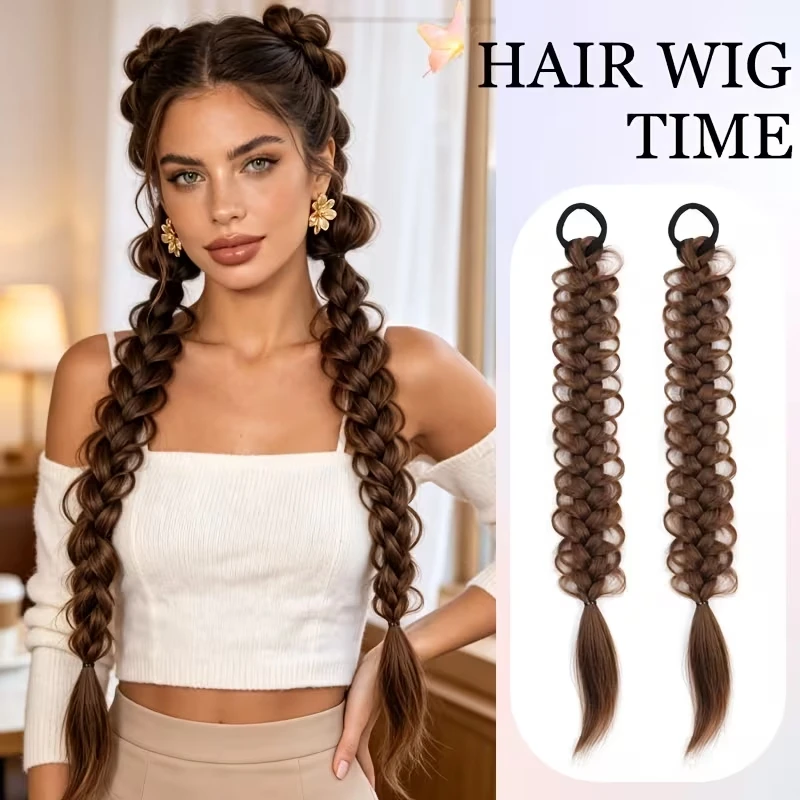 18Inch Synthetic Fishbone Braid Ponytail Extension Elastic Rubber Band Braided Hair Accessory for Women Daily