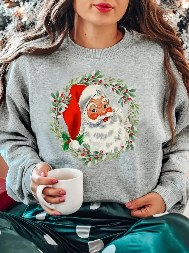 Damen-Weihnachtsmann-Print-Sweatshirt mit langen Ärmeln, Sweatshirt mit Rundhals ausschnitt, Damen bekleidung