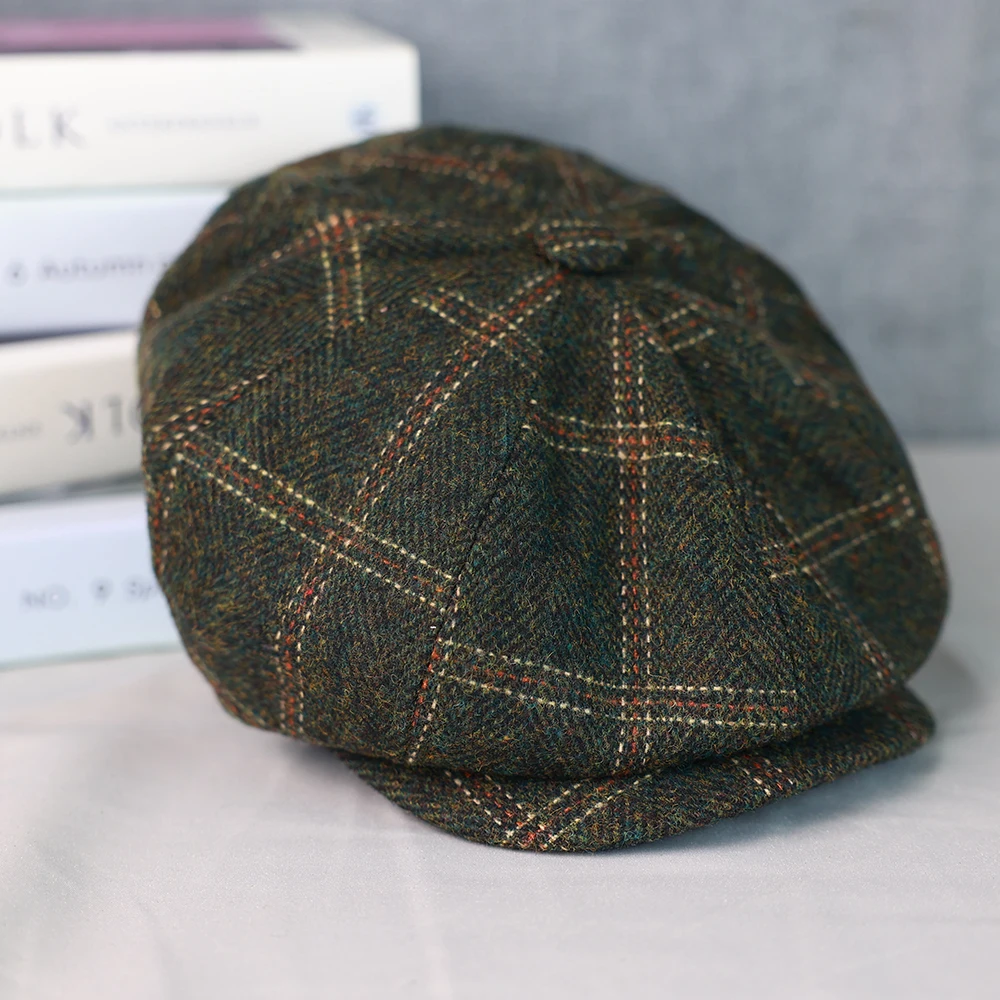 Green Plaid New Wool Flat Cap Men\'s Golf Cabbie Hat Gatsby Ivy Cap Irish Hunting Hat Newsboy Driver Cabbies Beret 015