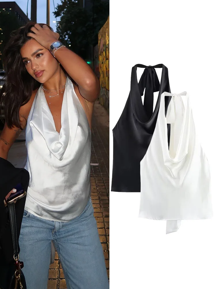 

HH Women's New Fashion Tops Solid Sleeveless Backless Bow Lace-Up Decoration Female Summer Sexy Slim Short Top 2 Color