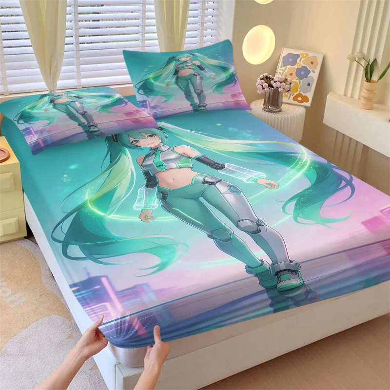Hatsune Miku Futuristic Tech Suit Fitted Sheet Set Anime Sci-Fi Bed Cover with Pillowcases Deep Pocket Fans Room Decor Gift
