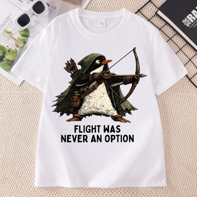 Funny Penguin T Shirt Flight Was Never An Option T-Shirt Dark Humor Animal T Shirts Cotton Short Sleeve Round Neck Printed Tees