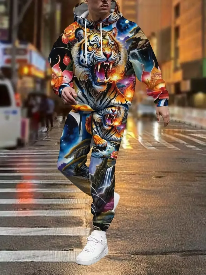 Cool Dragon 3D Print Men's Hoodie Pants 2-Piece Outfits Autumn/Winter Men's Hooded Sweatshirt Sets Jogging Pants 2Pcs Sets