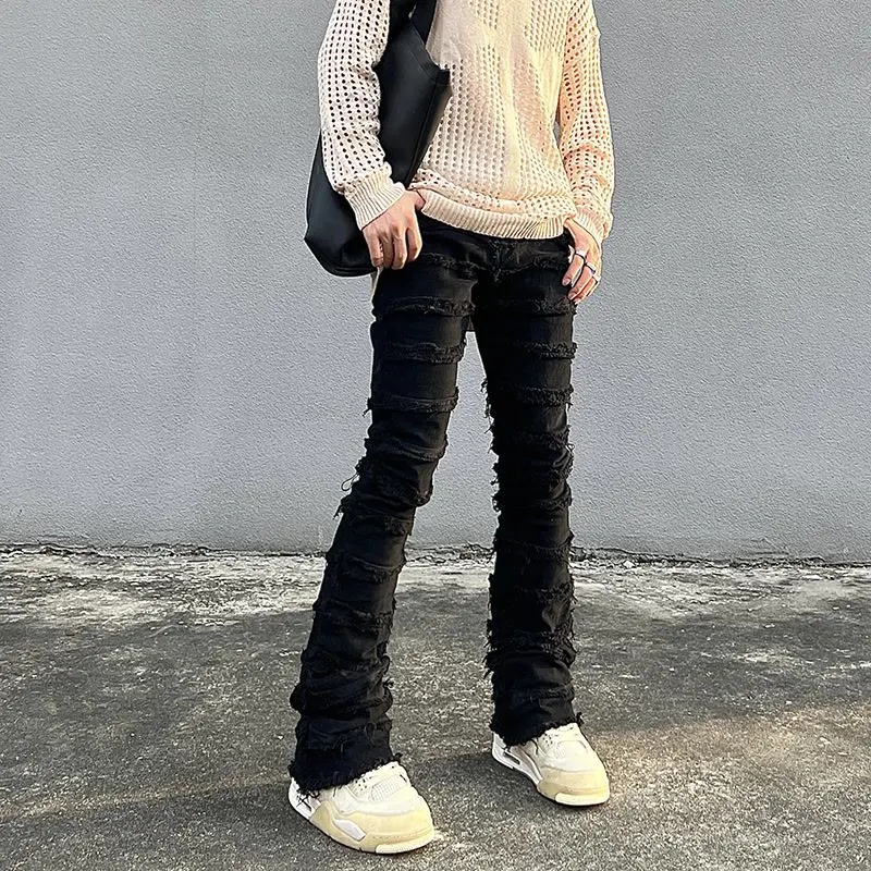 

Heavy Industry Hole Frayed Destruction Waxed Jeans Mens High Street Retro Straight Ripped Pencil Pants Oversize Denim Trousers