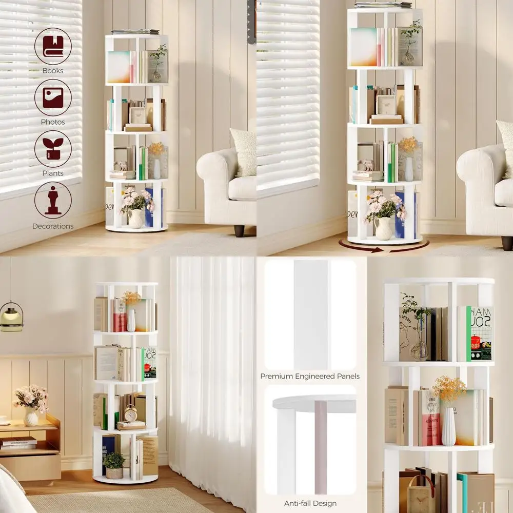 

360° White Rotating 4-Shelf Bookcase, Floor Standing Display Rack for Books & CDs, Ideal for Home Office, Living Spaces