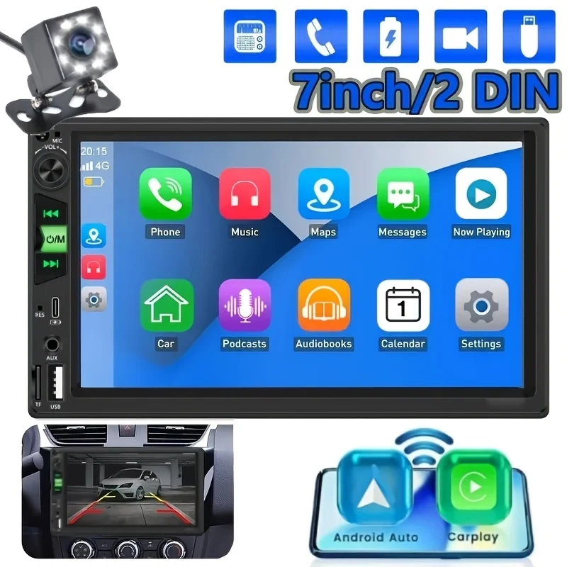 7' 2DIN Car Stereo Radio MP5 Player And 8-LED Rear View Backup Camera, Wireless Carplay And Android Auto, BT, Mirror Link