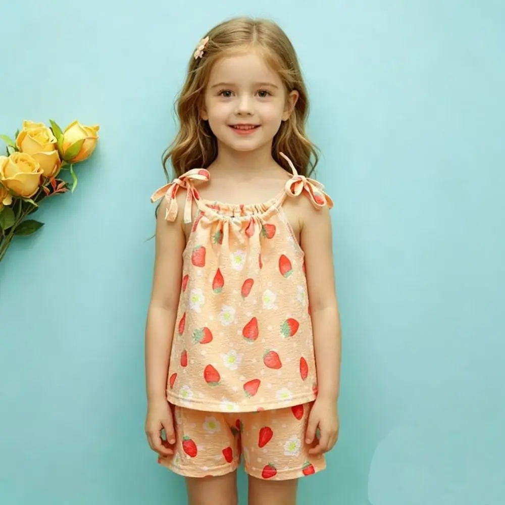 Sleeveless Top Girls Kids Sling Shorts Set Tie Shoulder Straps Elastic Waistband Waistcoat Skirts Two Piece Set