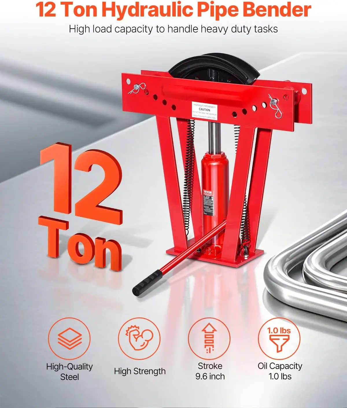 Hydraulic Pipe Bender, 12 Ton Manual Copper Exhaust Pipe Bending Machine with 6 Dies (1/2