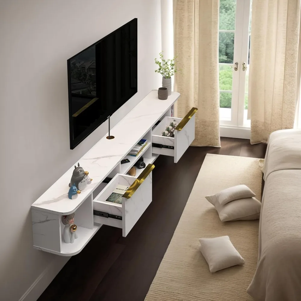 حامل تلفزيون عائم من Pneumonia مع درجين، ورف تلفزيون مثبت على الحائط مقاس 78 بوصة، ووحدة تحكم الوسائط لغرف النوم وغرف المعيشة باللون الأبيض