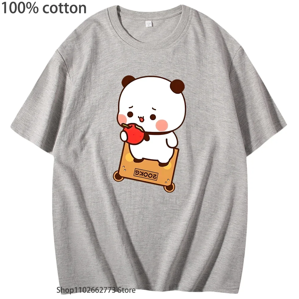 Urocza koszulka z grafiką Bubu jedzącego jabłko, panda, kawaii, damska koszulka, męskie koszulki, 100% bawełna, letnie ubrania, miękkie damskie t-shirty