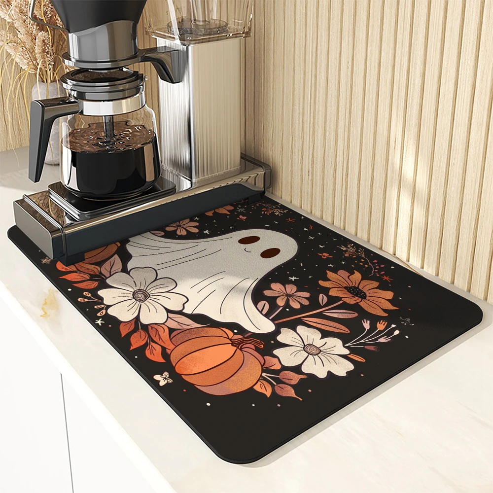 Antiskid Kitchen Absorbent Draining Mat Halloween Cute Ghost Super Draining Coffee Dish Drying Mat Quick Dry Bathroom Drain Pad