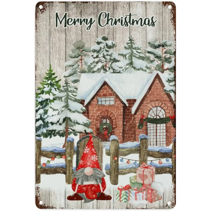 

Merry Christmas Farm Gnome Metal Art Sign Welcome Xmas Winter Metal Wall Plaque Farmhouse Winter Snow Tree Retro