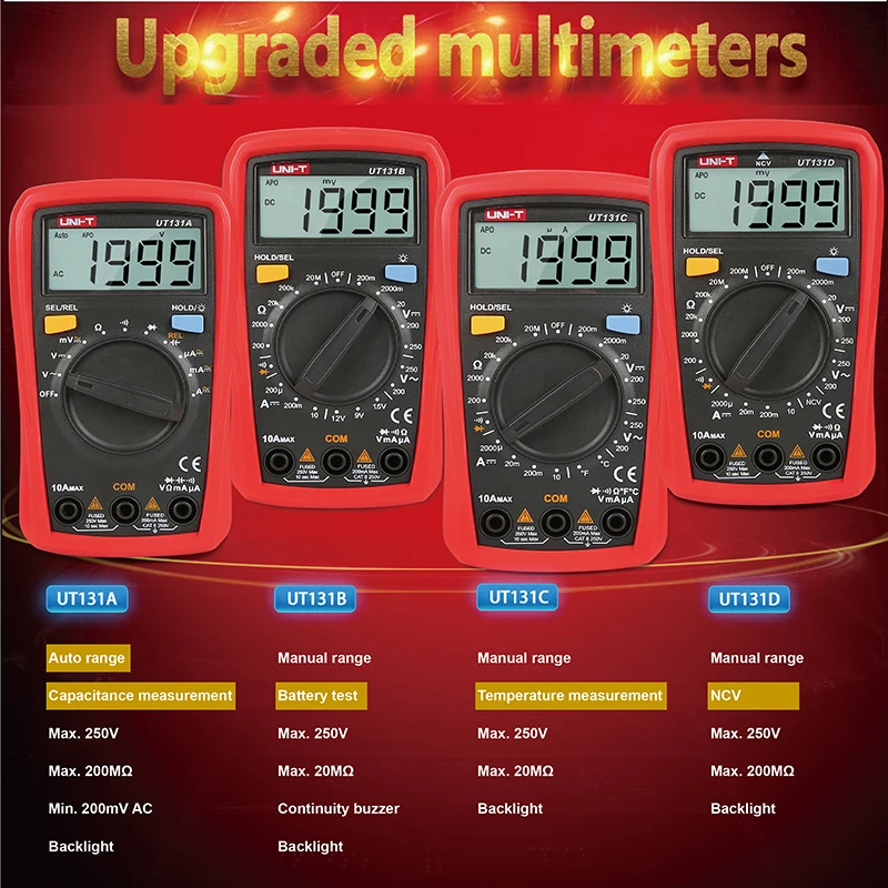UNI-T جهاز اختبار رقمي متعدد UT131 سلسلة التيار المتناوب تيار مستمر الفولتميتر مقياس التيار الكهربائي 2000 التهم حجم اليد اختبار المقاومة المتعددة ديود