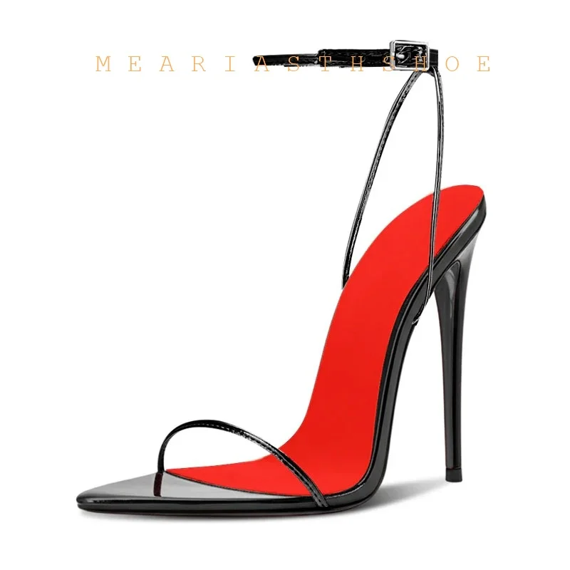 

12cm Black Patent Leather Red sandals Sexy Pointed Toe Stilettos Ankle Strap Sexy High Heels Women Custom Multi-color Shoes
