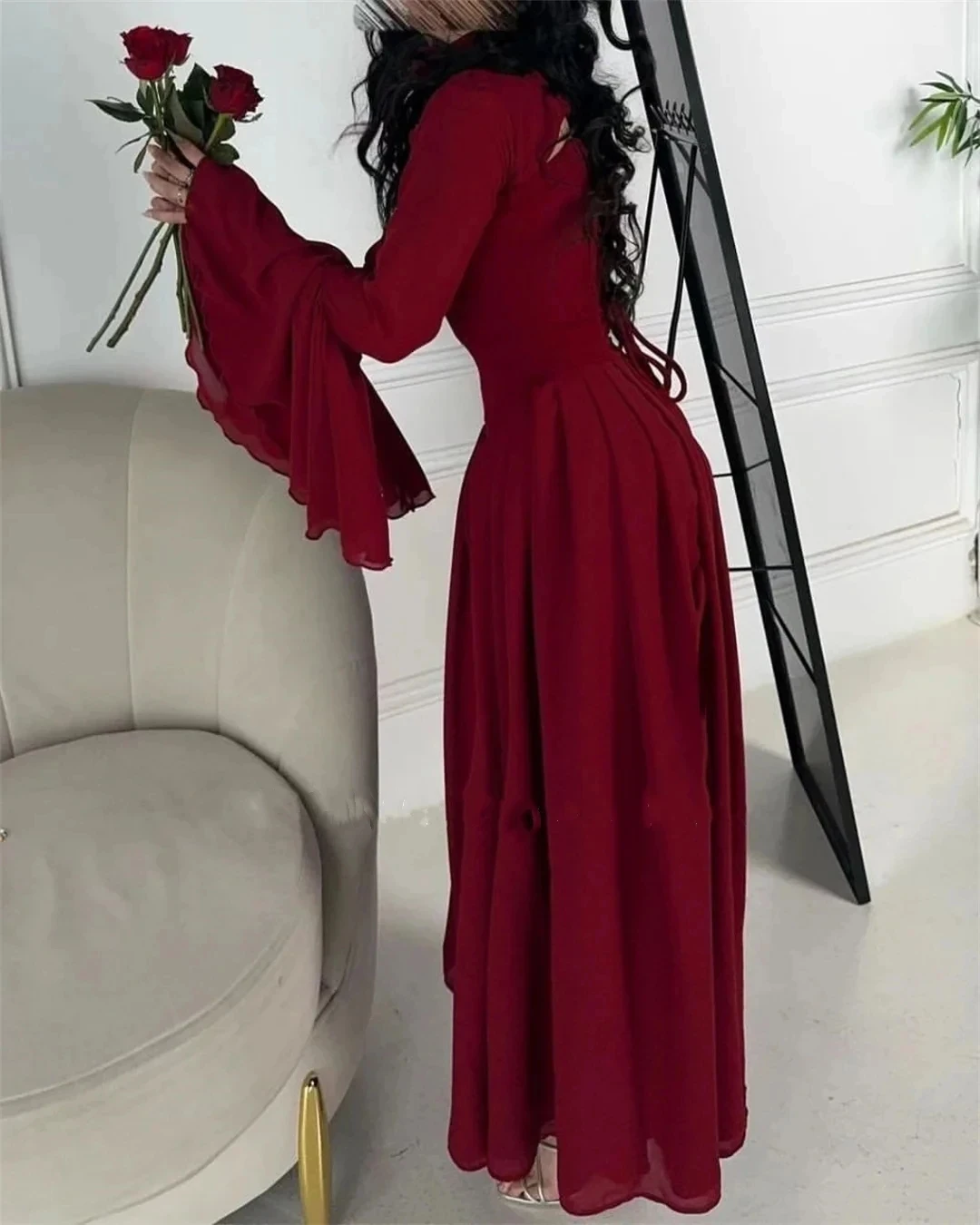 Red Chiffon Prom Gown Party Dresses 2024 With Jacket Evening Dress Long Sleeve Cocktail Ankle-length Saudi Arabia Formal Dresses