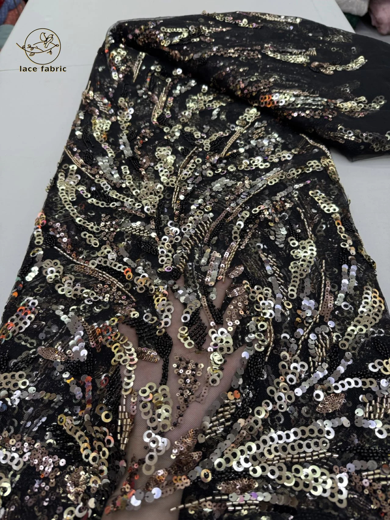

Bridal Dress Sewing Black and Gold African Beads Lace Fabric Embroidery Sequins French Tulle Lace Fabrics 2025 Latest Designs
