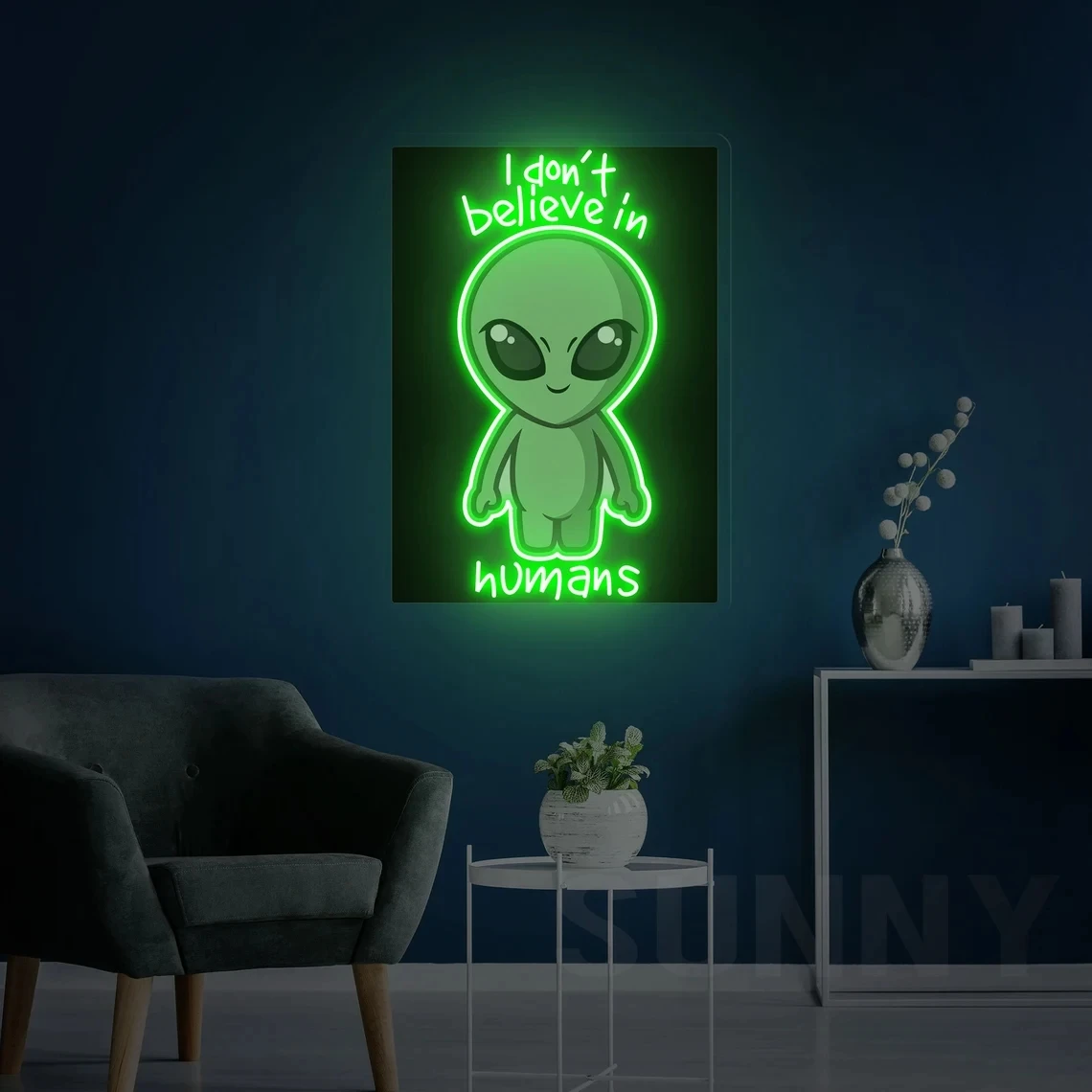 Alien Led Neon Sign, I don't believe in humans neon sign, UV Printing Acrylic Artwork, Sign, Kids Gift Neon Sign, UFO Fan Gift W