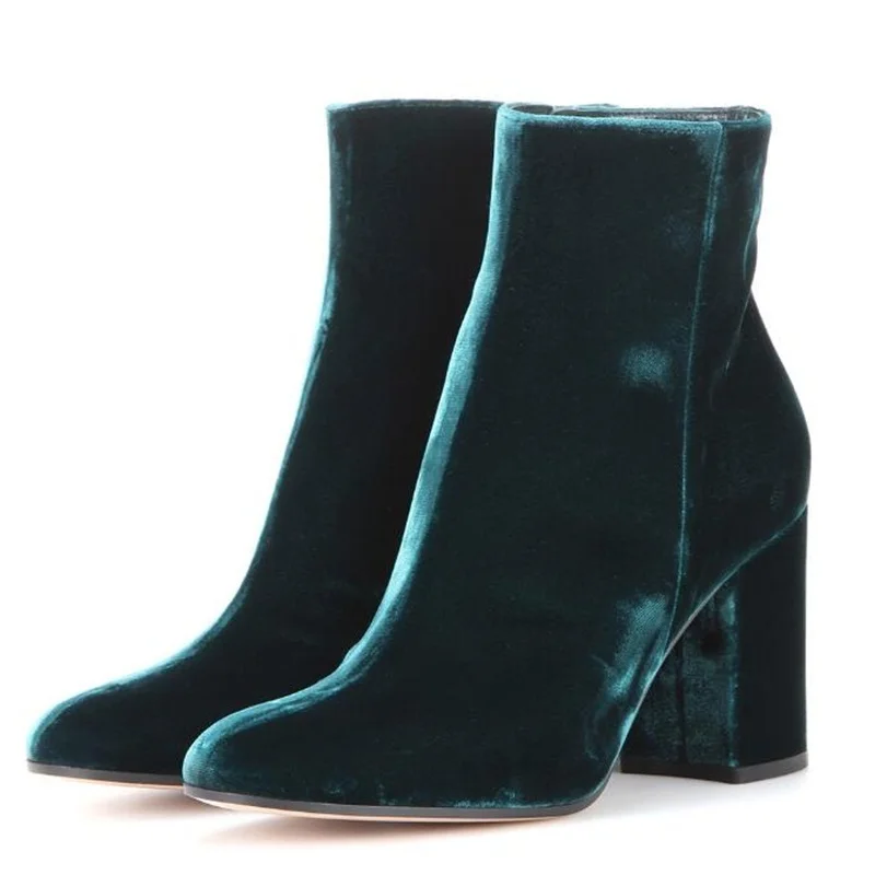 

Woman Velvet Chunky Heel Boots Round Toe Side Zipper Block Heels Modern Ankle Boots Green Black Big Size 46