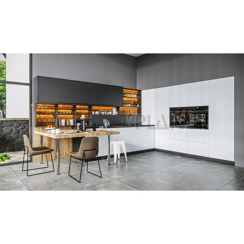 High Gloss White Lacquer Built-in Microwave Oven Kitchen Cabinet Set With Breakfast Bar Top