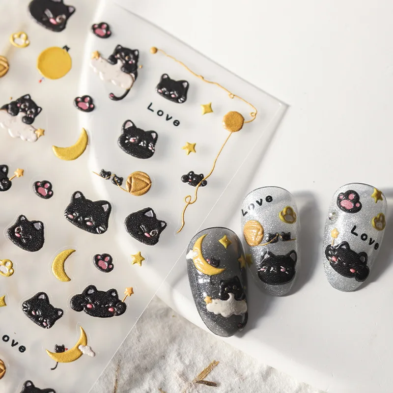 Adorável lua estrelas gato dos desenhos animados 5d em relevo relevos auto adesivo decoração da arte do prego adesivos bonito 3d manicure decalques atacado