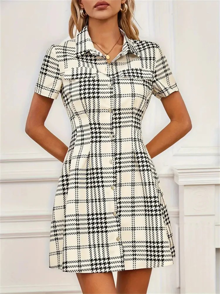 -Border Foreign Trade Printed Shirt Dress Short Sleeve Waist-Controlled Houndstooth Design Short Skirt Dress Spring and Sum