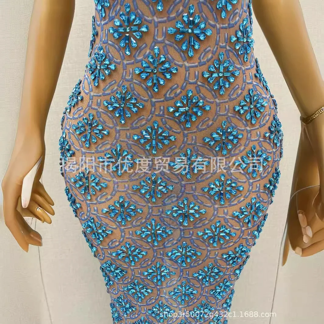 أنيقة المحيط الأزرق الماس تألق حجر الراين فستان شبكي كوكتيل حفلة ليلة مرحلة الأداء طويل التناسخ من أي وقت مضى جميلة