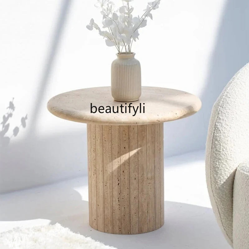 

Natural travertine edge few household small apartment living room sofa side table balcony small round table minimalist