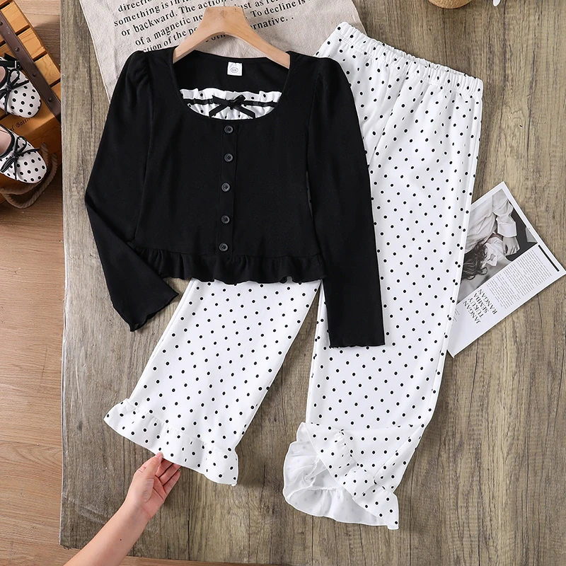 Girls 8-12 Spring Set, Square Neck Bow Decor Pullover Top + Elastic Waist Polka Dot Ruffle Flare Trousers