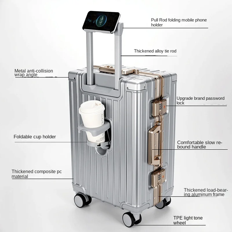 New Aluminium-Frame Trolley Suitcase 20-28 Inch Large-Capacity Combination Lock Carry-On Luggage with Multi-Directional Wheels
