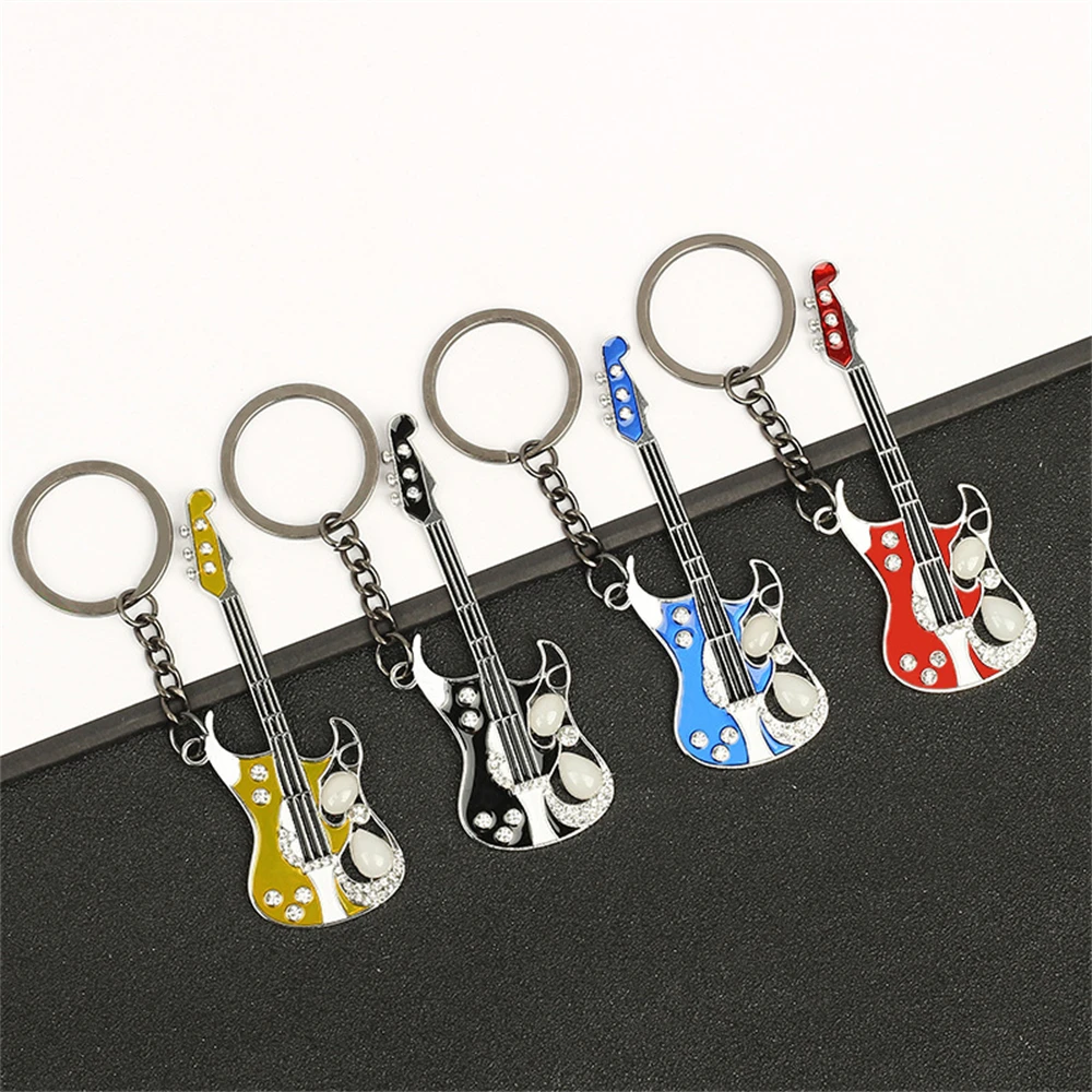 Creative Mini Musical Instruments Guitar Keychain Multi-Color Rhinestone Keyring Women Men Car Handbag Phone Case Pendent Gift