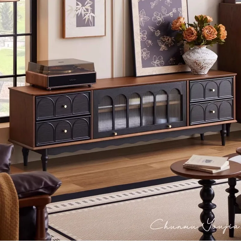 French solid wood TV cabinet household small apartment glass TV cabinet living room retro drawer storage audio-visual cabinet