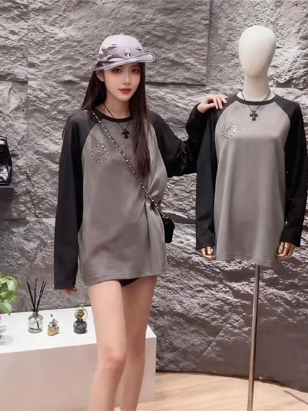 

Casual Long Sleeve T-Shirt Women's Spring Autumn Inner Wear Loose Leisure Drill Design Shoulder Insertion Top for Young Girls
