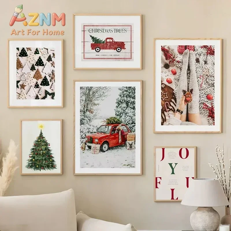 Red Chamber Old Car Christmas Tree Snow Lake Wall Art Canvas Painting Nordic Living Room Decoration Poster Prints Images