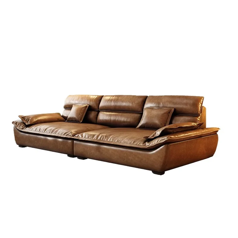 Italian minimalist high backrest sailing sofa light luxury simple straight row large sitting deep living room retro oil wax