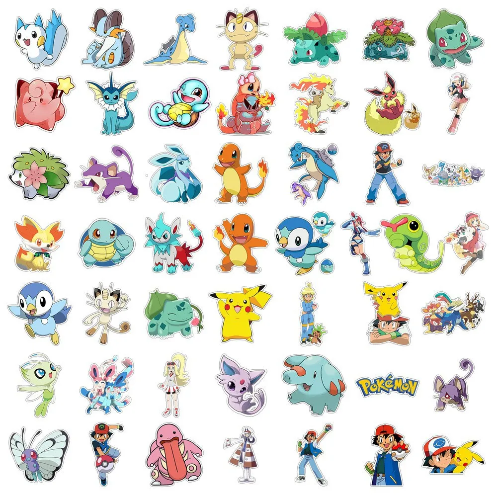 50PCS Kawaii Pikachu Anime Pokemon Stickers for Laptop Suitcase Skateboard Guitar Phone Cartoon Sticker Kid Gift Toys