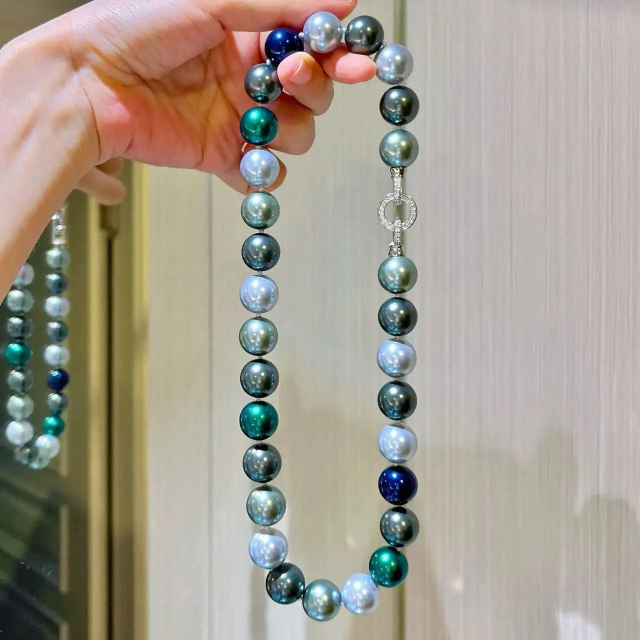14mm Spring High-quality High Specification Large Bead Round Blue Gray Green Crystal Imitation Pearl Necklace Collarbone Chain