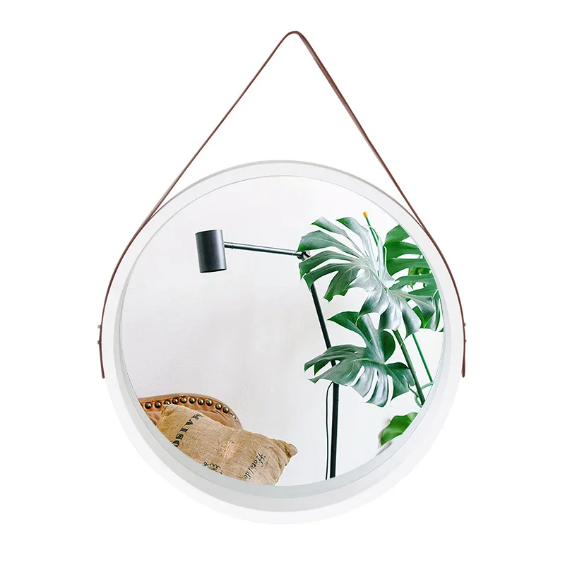 New European style round leather hanging mirror living room simple wall hanging mirror leather lanyard wall decorative mirror