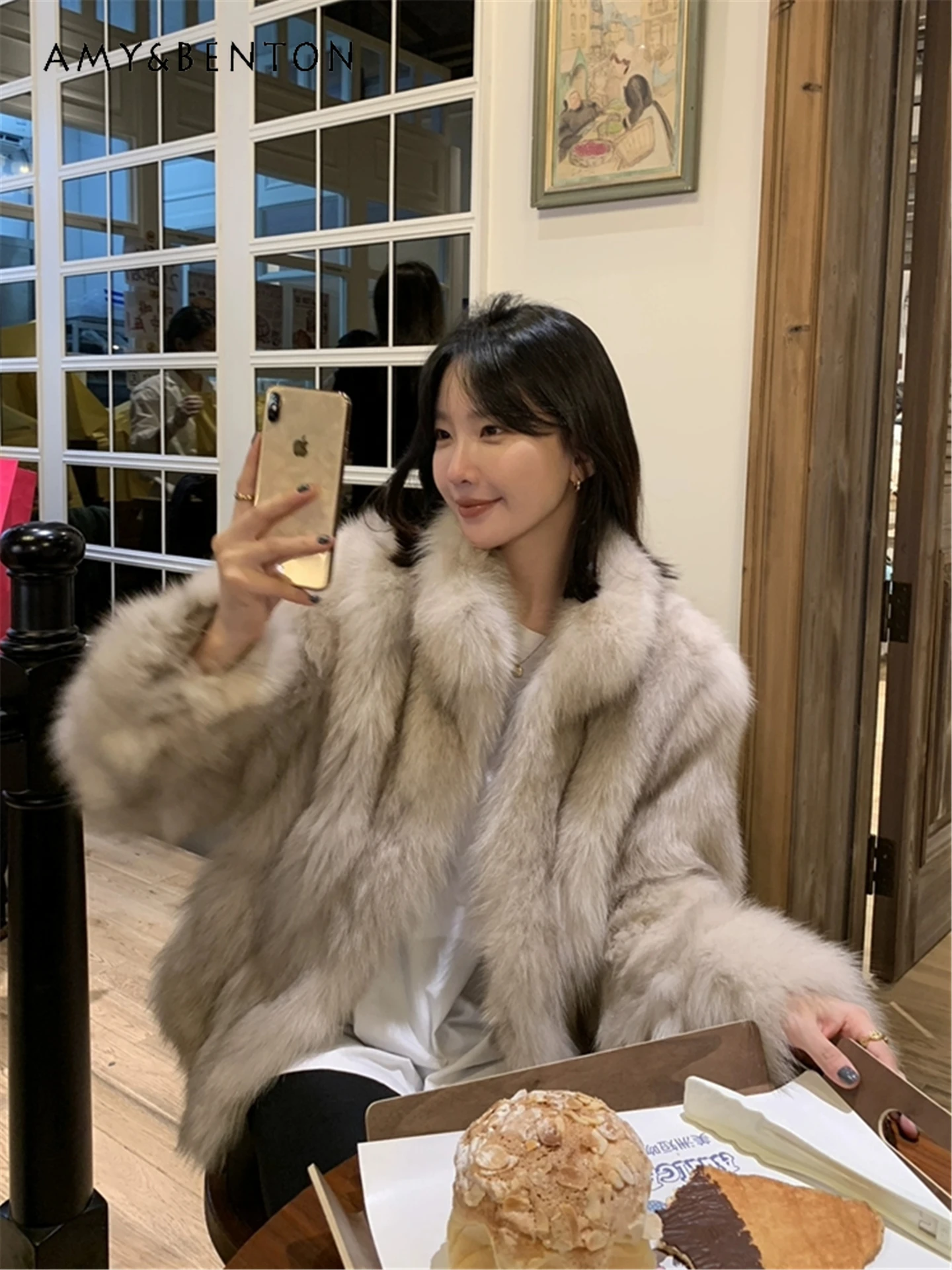 2025 شتاء جديد فو الثعلب الفراء رمادي الوقوف طوق موضة التخسيس الأعلى لينة فضفاضة عادية الذهبي براون معطف الفرو القصير #1