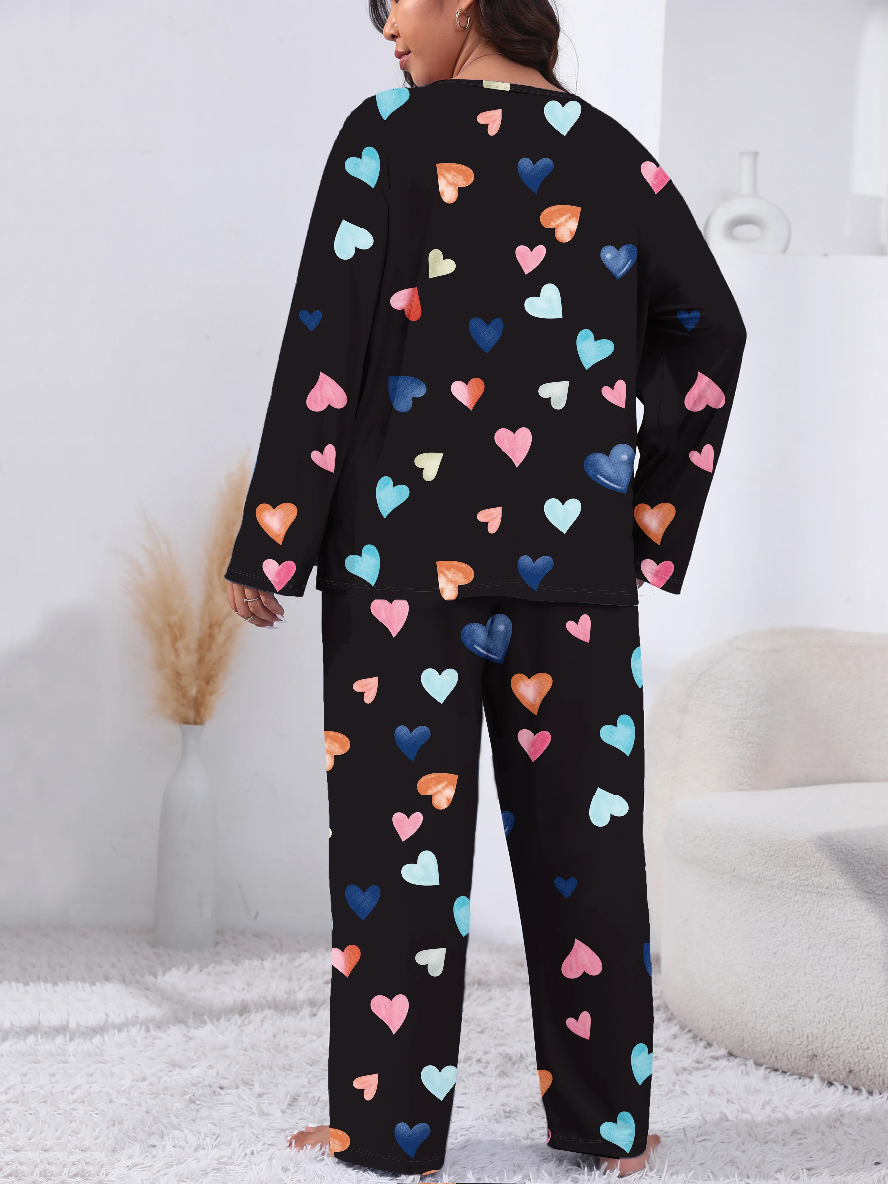 Conjunto de pijama feminino plus size de manga comprida e calças, 2 peças, camiseta e calças de manga comprida com estampa de coração, roupa de dormir elegante e confortável