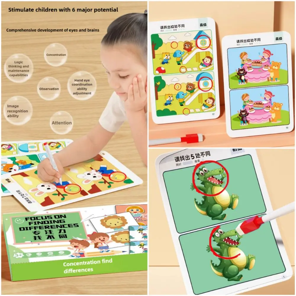 

64pages Cartoon Pattern Find The Difference Puzzle Game Erasable Pen Rewritable Cards Game Card Multicolor Reusable