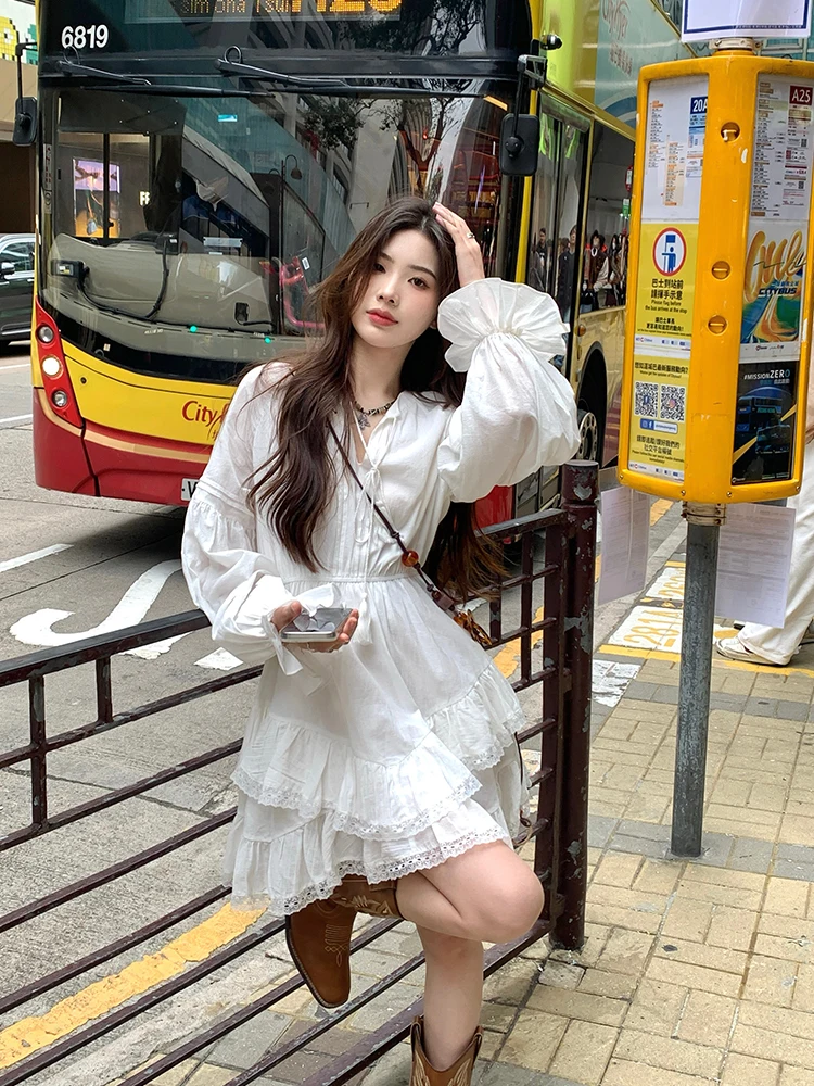 

Adan Long Sve Cake Dr Spring Autumn Sle Korean Waist Cinching Slimming Versatile White ort Skirt Women's Clothing