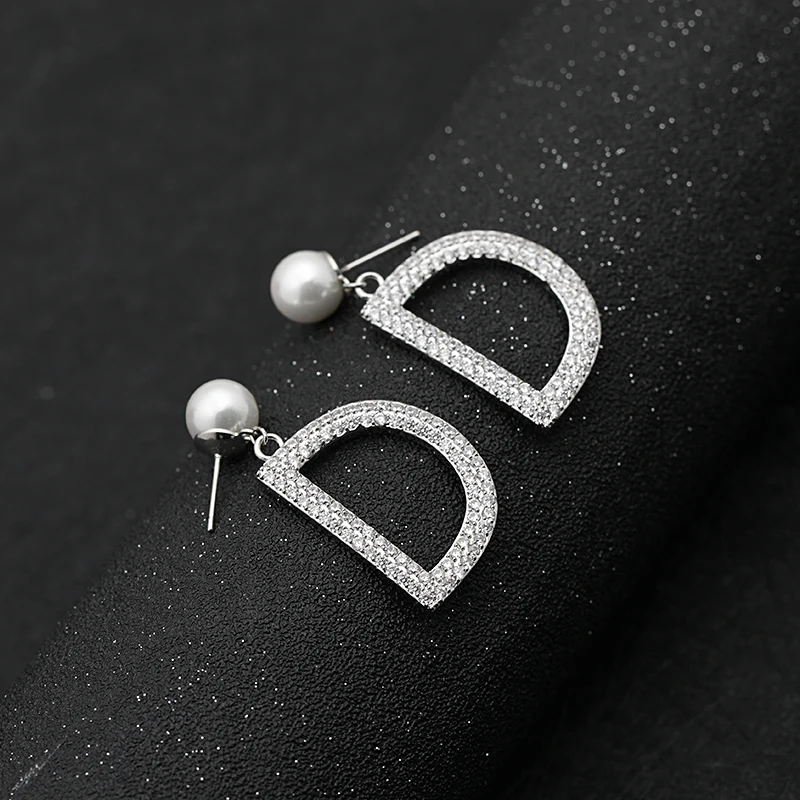 Capital Letter D Copper Drop Earrings Full Zircon Paved Fancy Brass Ear Stud For Women Girls Party Jewelry