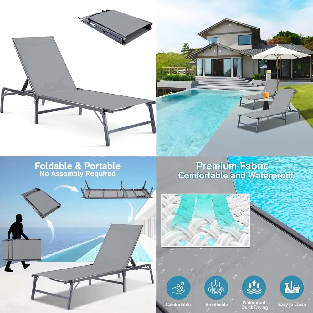 Outdoor Chaise Lounge Chair, Foldable & Assemble-Free, 6 Adjustable Positions, Durable Rust-Resistant Frame, Portable Outdoor Po