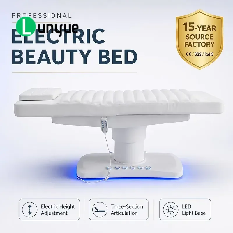 White Electric Hydraulic Beauty Bed with LED Light Base Remote Control Adjustable Facial Treatment Table for Spa